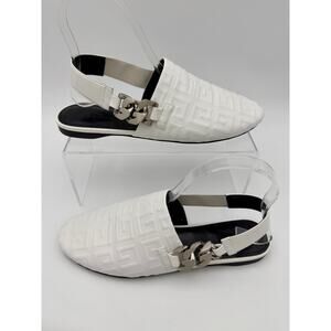 Givenchy Slingback Mules Flats White Leather Size 38.5 / 8 Logo Embossed Chain